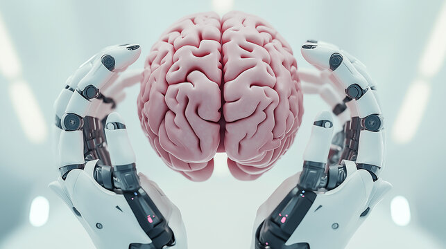 A futuristic robot hand holding a human brain against a white background