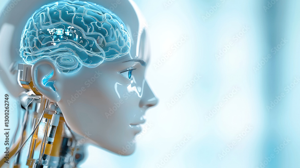 Poster futuristic robot with transparent head showcasing glowing brain, symbolizing advanced technology and