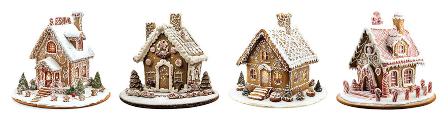 Delightful Gingerbread Houses with Icing and Colorful Decorations, PNG bundle collection, Isolated on Transparent Background