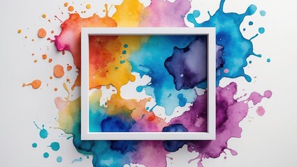 Watercolor painting with white square frame on white background. Colorful ink blots and splashes in various shades like blue, yellow, pink, and purple.