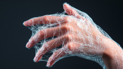 Close-up of a hand partially covered in web-like threads against a dark background