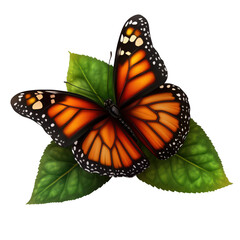 Fototapeta premium Monarch Butterfly Resting On Green Leaves Transparent Nature Illustration
