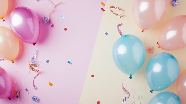 Festive party background with colorful balloons, ribbons, and confetti