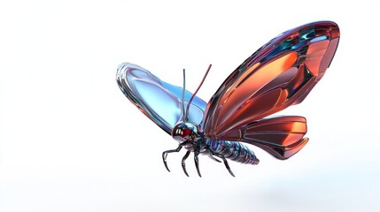 Metallic butterfly in flight, white background