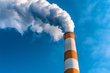 A towering smokestack releasing thick pollution into the atmosphere, darkening the sky