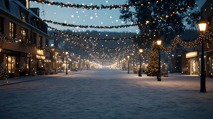 Snow Covered Street Illuminated With String Lights and Lanterns During a Festive Winter Night