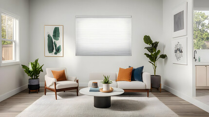 Modern Living Room Interior With White Walls Comfortable Furniture Artwork and Decorative Plants