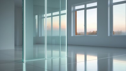 Fototapeta premium Empty white room with windows. Light reflects on the floor near glass partitions. Room has minimalist design with bright light at sunset.