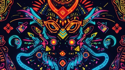 Abstract neon light pattern on dark backdrop. Symmetrical ornament with bright colors. Decoration with tribal glowing design elements.