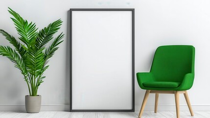 Stylish green chair placed beside a minimalist white poster creating a contemporary vibe in the living space
