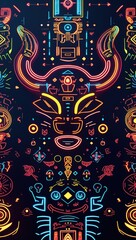 Neon artwork on dark background. Glowing blue and orange abstract design with geometric and symmetric shapes featuring face with horns.