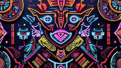 Obraz premium Glowing Neon Pattern on Black Background. Abstract geometric shapes with bright pink, cyan, and yellow colors. Ornament background image.