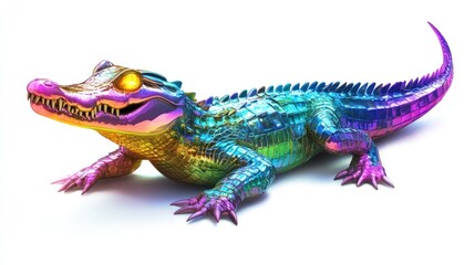 Fototapeta premium Rainbow metallic alligator on white background