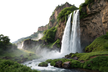 A breathtaking, misty waterfall crashes down a rugged cliffside, surrounded by lush greenery, as mist rises from the powerful impact with the river, isolated on a transparent background