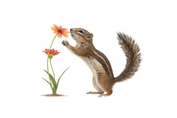A curious squirrel stands on its hind legs, gently sniffing vibrant orange wildflowers, capturing an endearing moment of nature’s beauty and innocence, isolated on a transparent background