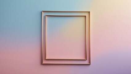 Two Gold Frames on Pastel Background. Square shapes with gradients of blue pink and yellow, modern geometric design.