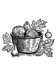 Detailed vector engraved illustration of a rustic bowl filled with assorted fruits and leaves showcasing natural beauty