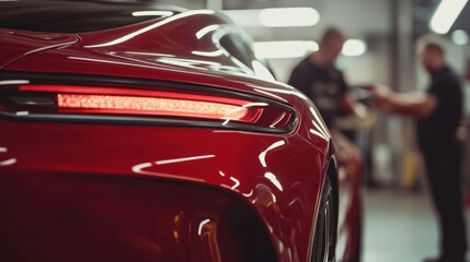 Fototapeta premium Inspecting Sports Car Rear Spoiler in Workshop