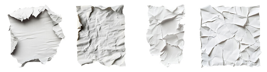 Obraz premium Various Textured Sheets of Crumpled White Paper for Background Use, PNG bundle collection, Isolated on Transparent Background