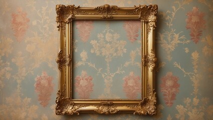 Ornate gold frame hangs on wall. Floral pattern background is light blue and peach. Empty space in center of frame allows for creativity.