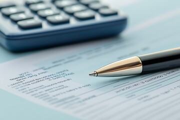 Close-up of a pen and a document with a calculator in the background, business finance