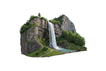 A dramatic high-resolution waterfall plunges between towering cliffs covered in trees, with a peaceful river below reflecting the untouched natural beauty, isolated on a transparent background