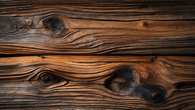 Wooden planks texture. Brown wood with knots and grain. Two old planks are stacked, showing wood grain and color variations from light to dark.