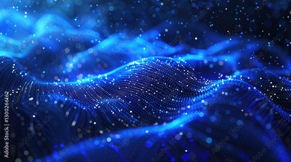 Poster this abstract image features a mesmerizing blue wave with sparkling dots and flowing lines, creating