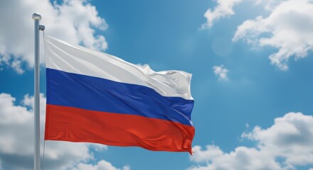 Russia Day background with flag waving in wind against bright blue sky. National holiday banner. Patriotic symbol, travel landmark and celebration.