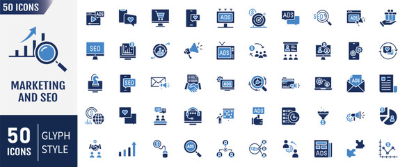 Marketing and seo flat icon set. Containing as website, search, mail, analysis, content, strategy, development, store and more. Vector illustration