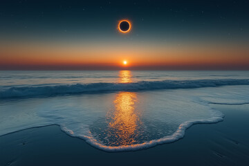 Gazing at a spectacular solar eclipse from a serene beach, the ocean mirrors the darkened sky and a glowing horizon, inviting peaceful contemplation under the twilight