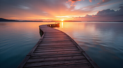 Obraz premium Scenic Wooden Boardwalk at Lake Sunset - Tranquil Orange Sky Nature Landscape