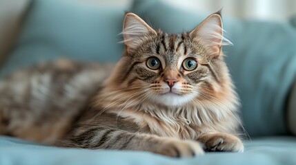 Charming Domestic Cat Relaxing on Soft Couch in Natural Light