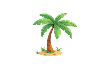 Obraz premium A stylized palm tree with lush green fronds and a curved trunk stands on a small sandy patch, evoking tropical island vibes, isolated on a transparent background