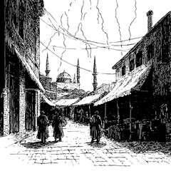 Fototapeta premium Engraved illustration of a historic market street showcasing architecture and daily life in an ancient city