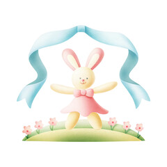 Obraz premium A cheerful bunny wearing a pink dress and bow, surrounded by flowers and adorned with a blue ribbon.