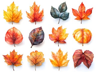 Vibrant Watercolor Maple Leaf Collection on White Background with Copy Space