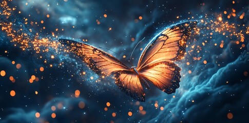 Glowing Butterfly Flying Amidst Sparkling Light Trails and Dreamy Clouds