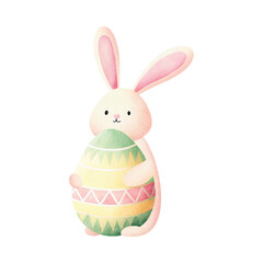 A cute bunny holds a colorful Easter egg, featuring pastel patterns and a cheerful expression.