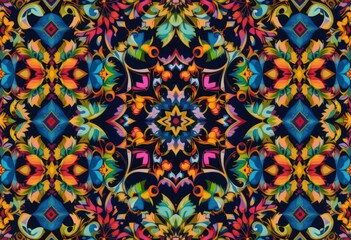 Vibrant, symmetrical floral pattern on dark background
