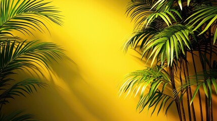 Fototapeta premium Tropical palm leaves, yellow wall, sunlight, shadow, summer background, design