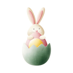 Obraz premium A pastel-colored bunny emerges from a colorful eggshell, holding eggs in its paws, symbolizing spring and Easter festivities.