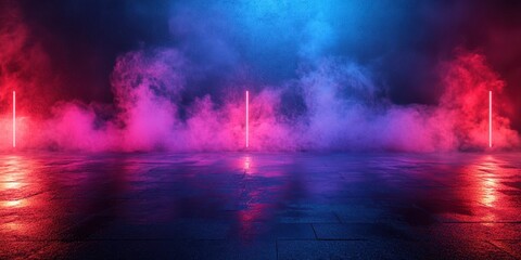 Colorful light beams illuminate a misty floor in a vibrant club setting during a late-night dance party