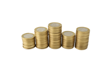 Neatly arranged stacks of gold coins in varying heights, symbolizing financial stability, investment, and saving, with representation of economic prosperity, isolated on a transparent background