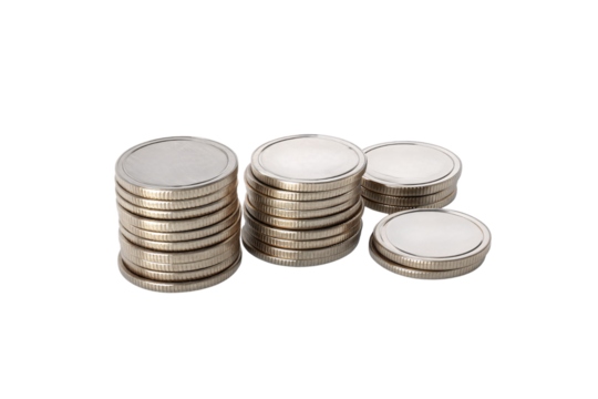 Multiple stacks of silver coins with blank surfaces. The coins are neatly arranged in varying heights, symbolizing wealth, savings, or financial growth concepts, isolated on a transparent background