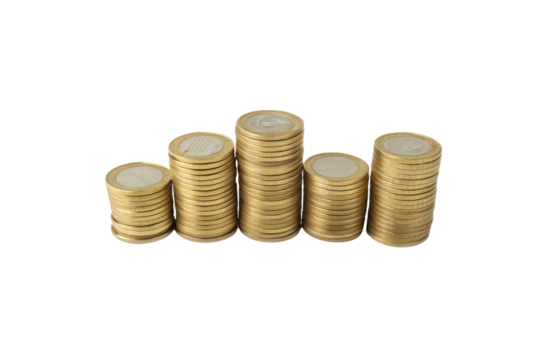 Neatly arranged stacks of gold coins in varying heights, symbolizing financial stability, investment, and saving, with representation of economic prosperity, isolated on a transparent background - Powered by Adobe