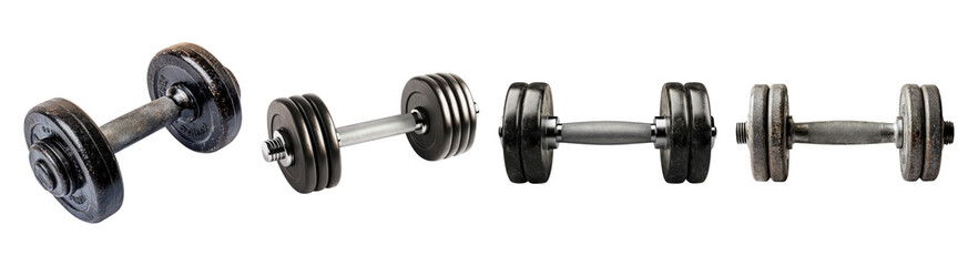 Naklejka premium Various Alignment of Dumbbells on White Background for Fitness, PNG bundle collection, Isolated on Transparent Background