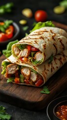 Delicious chicken wraps filled with fresh vegetables served on a wooden board