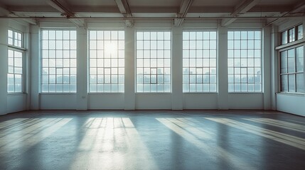 Obraz premium A spacious, dimly lit studio with tall white windows and a cement floor, ideal for creative projects.