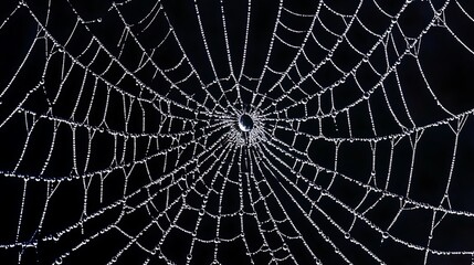 Obraz premium Spiderweb Covered in Dew Drops with Dark Background in Nature